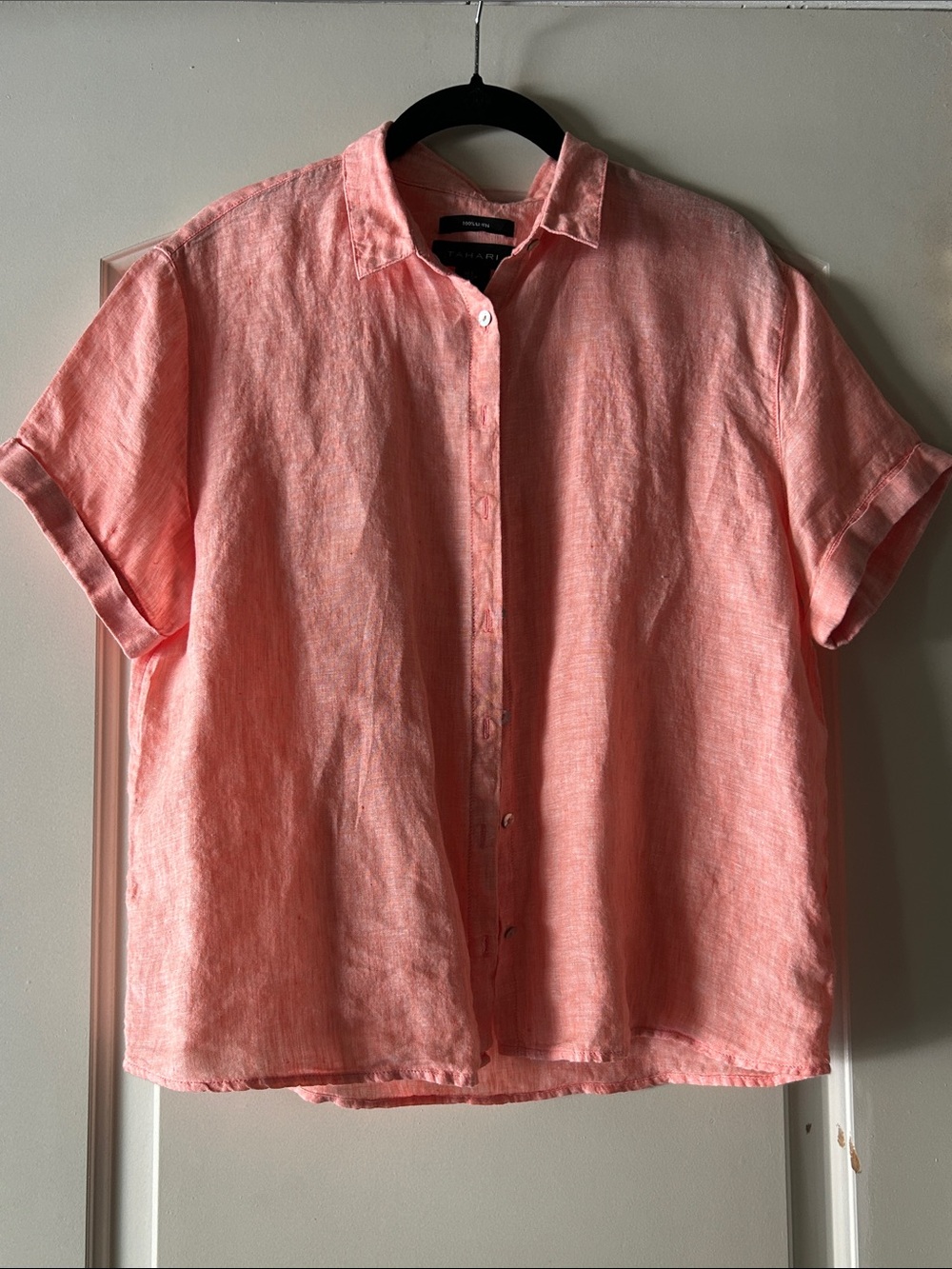 Tahari Coral Pink Linen Short-Sleeve Button-Front Blouse